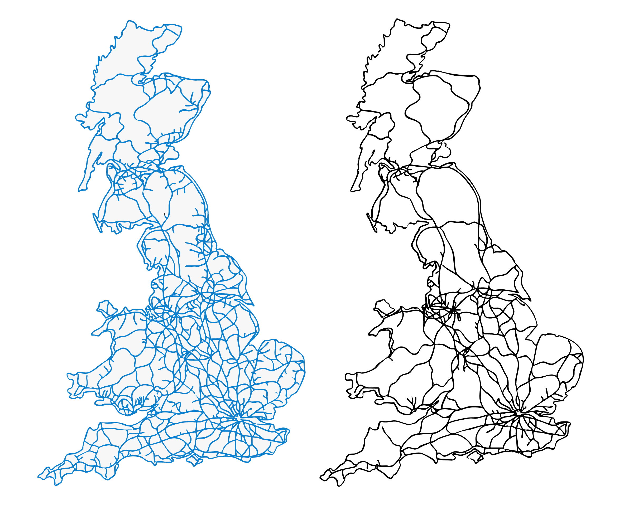 The railway lines before and after The Beeching Cuts